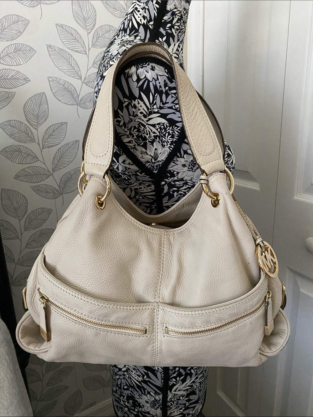 Michael Kors Layton hobo shoulder bag in off-white pebbled leather and gold tone